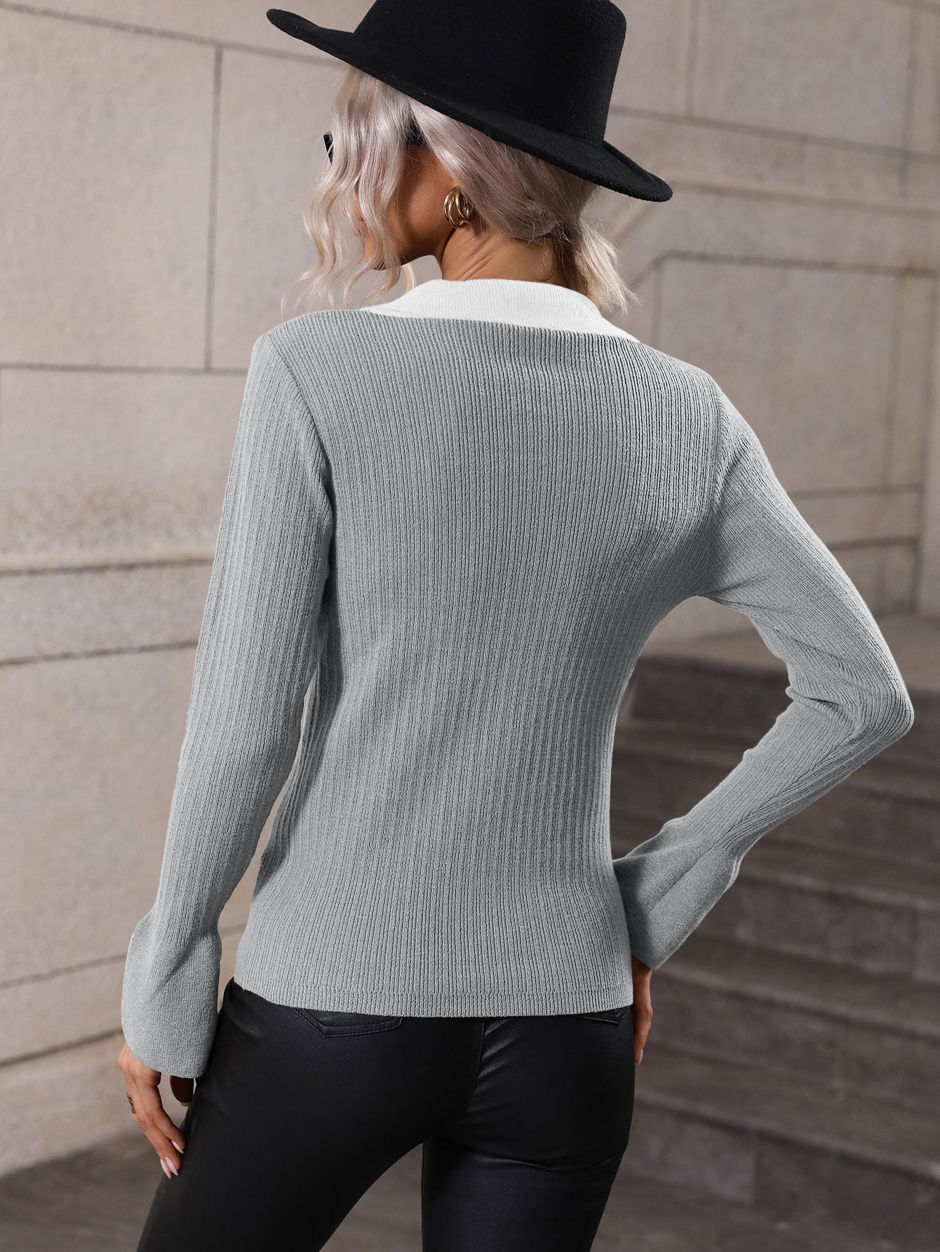 NAOMI RIBBED KNIT TOP - GREY