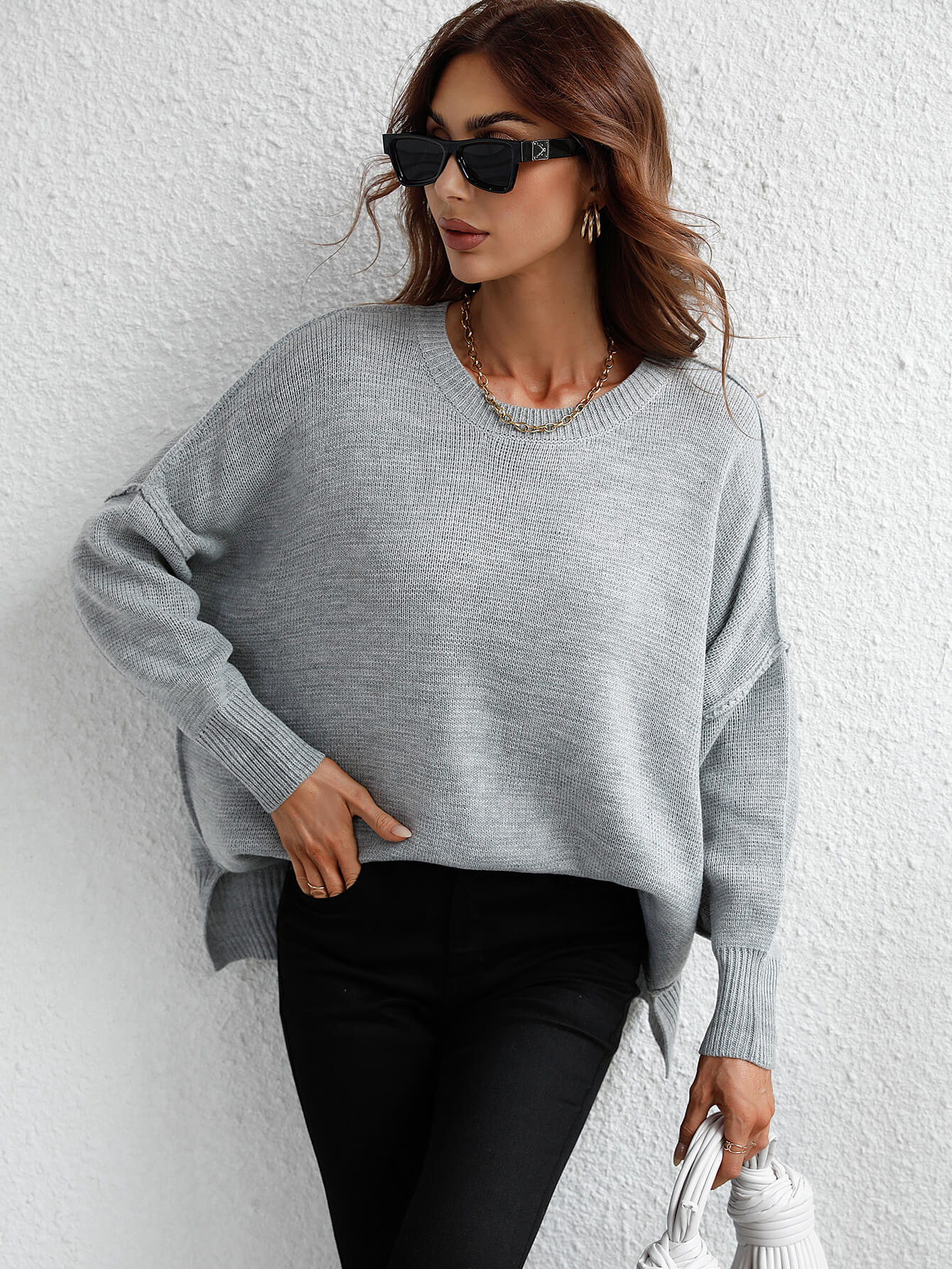 OVERSIZED BATWING SLEEVE KNIT SWEATER - GREY