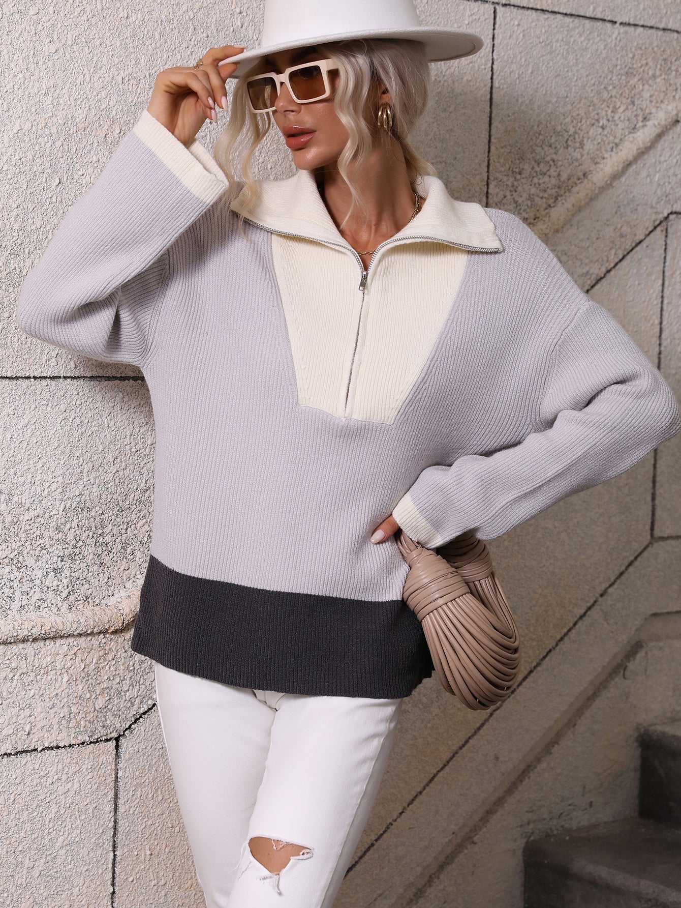 MIND AT EASE KNIT HALF ZIP PULLOVER - GREY