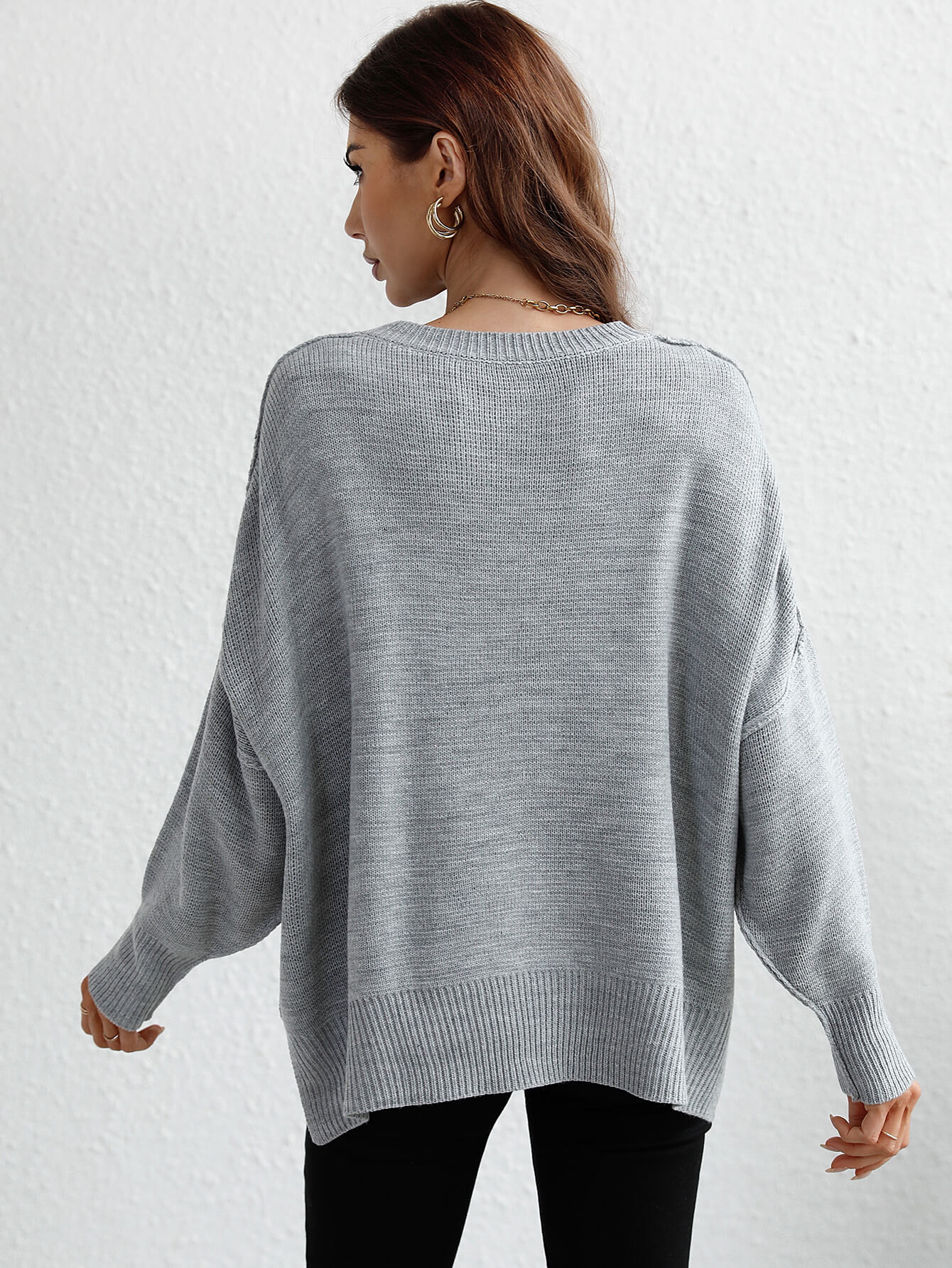 OVERSIZED BATWING SLEEVE KNIT SWEATER - GREY