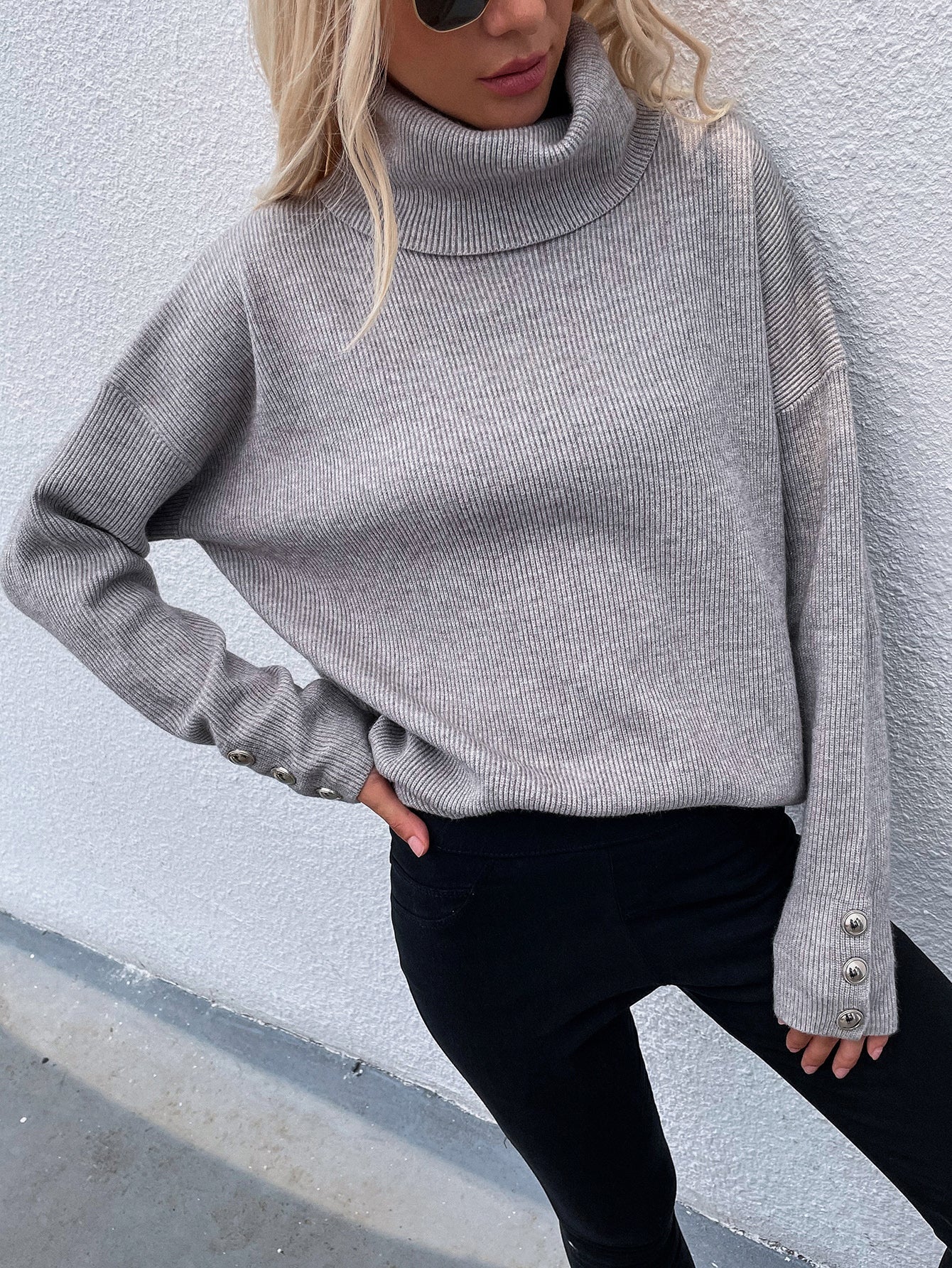Calistally | Grey Oversized Collar Turtleneck Knit Sweater