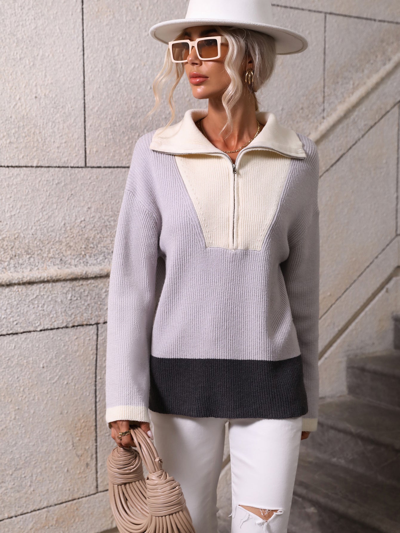 MIND AT EASE KNIT HALF ZIP PULLOVER - GREY