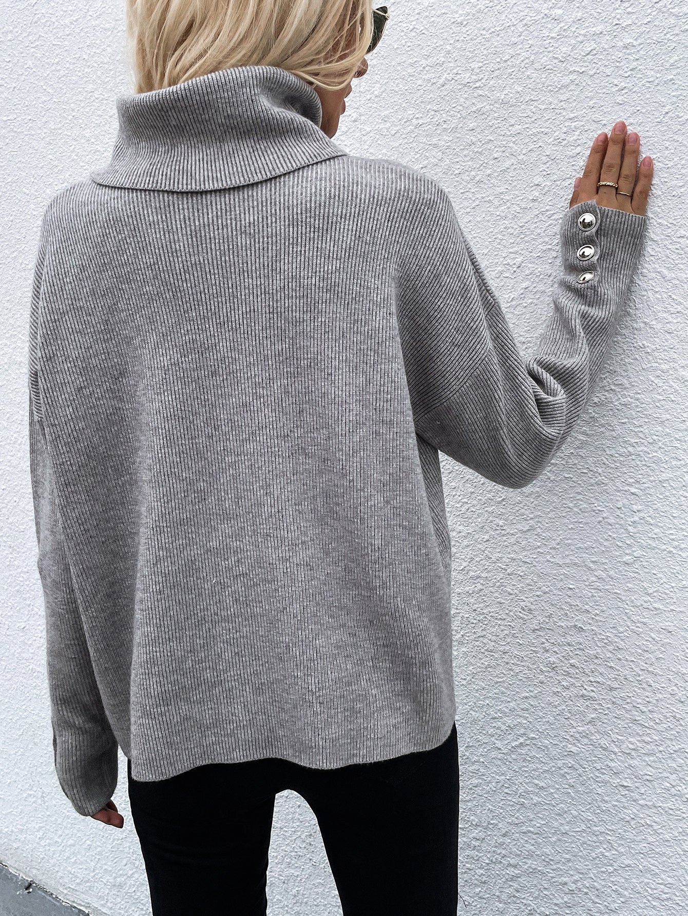 Calistally | Grey Oversized Collar Turtleneck Knit Sweater