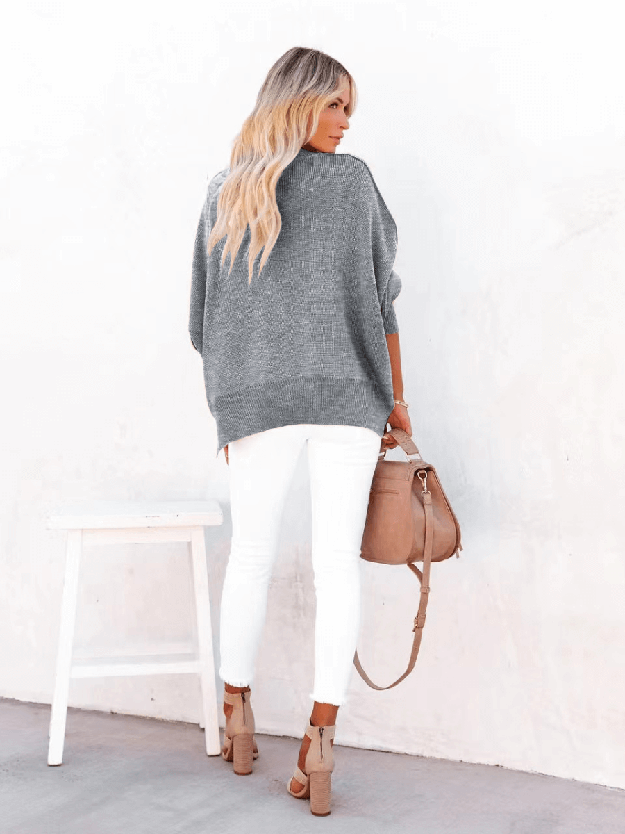 OVERSIZED BATWING SLEEVE KNIT SWEATER - GREY