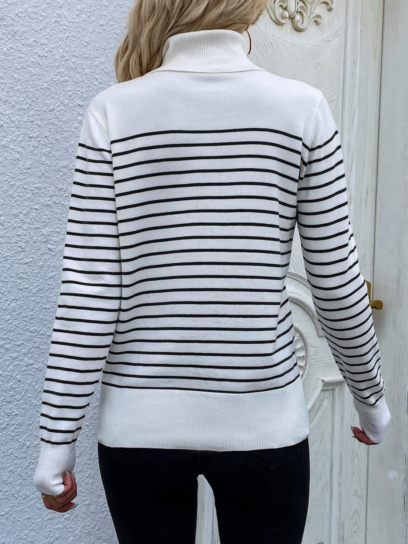 Calistally | Cream Stripe Turtleneck Knit Top