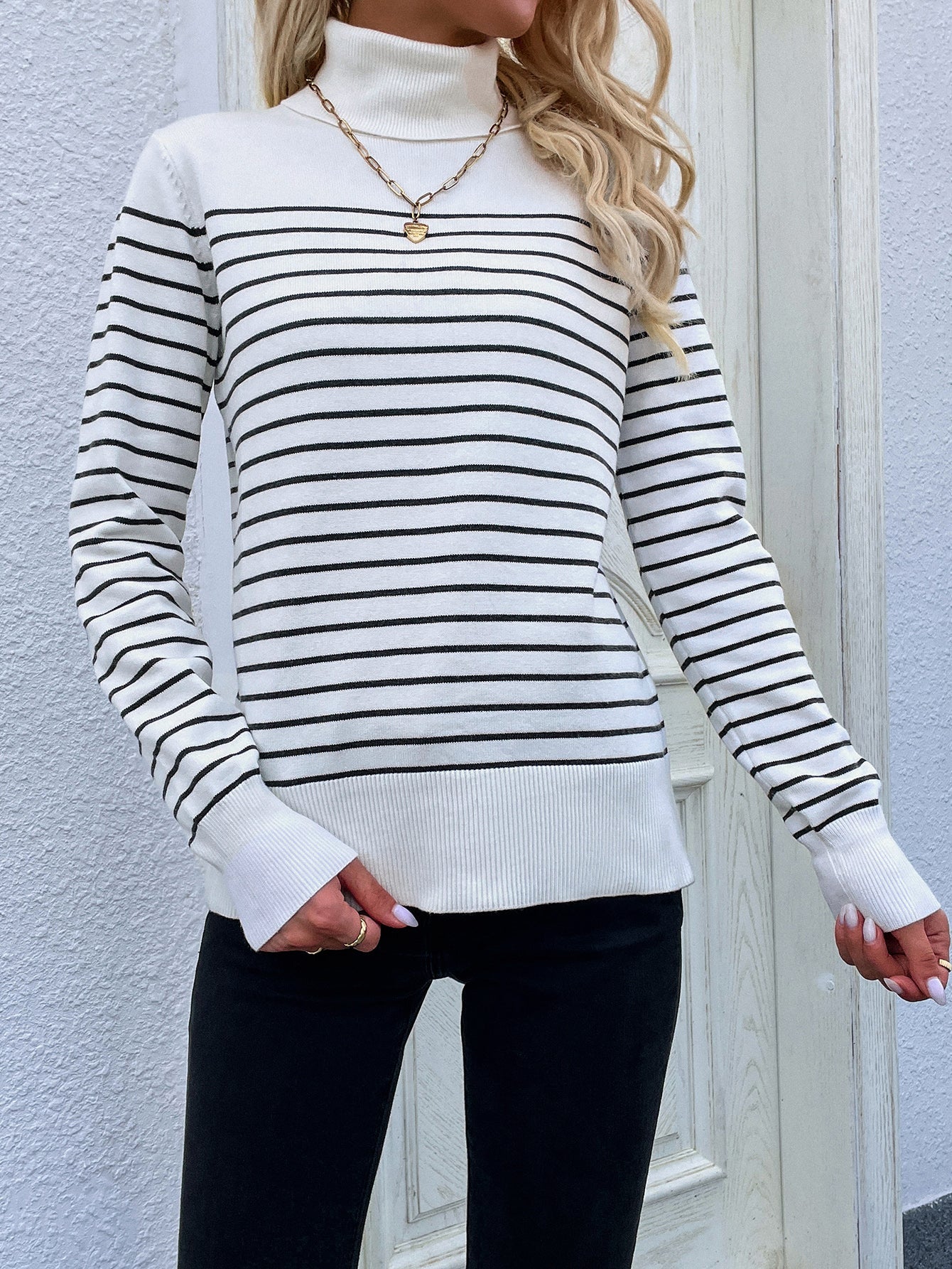 Calistally | Cream Stripe Turtleneck Knit Top