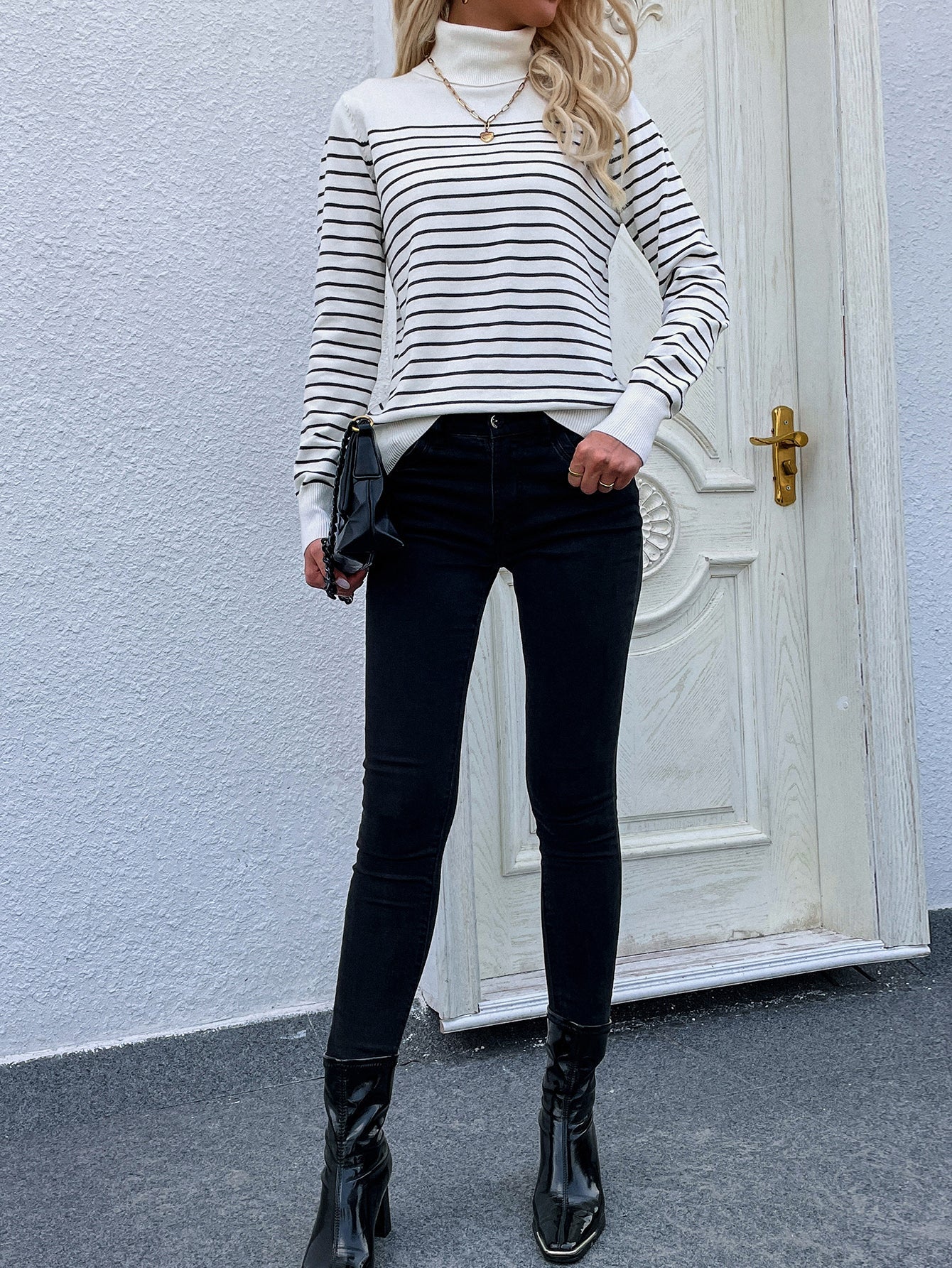 Calistally | Cream Stripe Turtleneck Knit Top