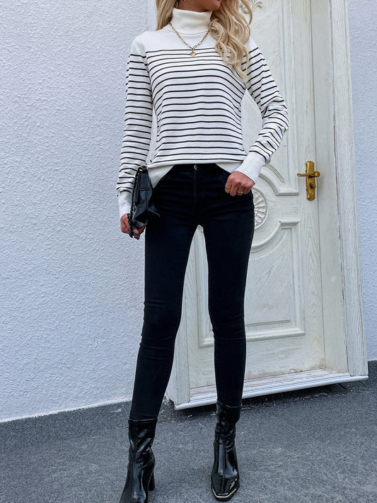Calistally | Cream Stripe Turtleneck Knit Top