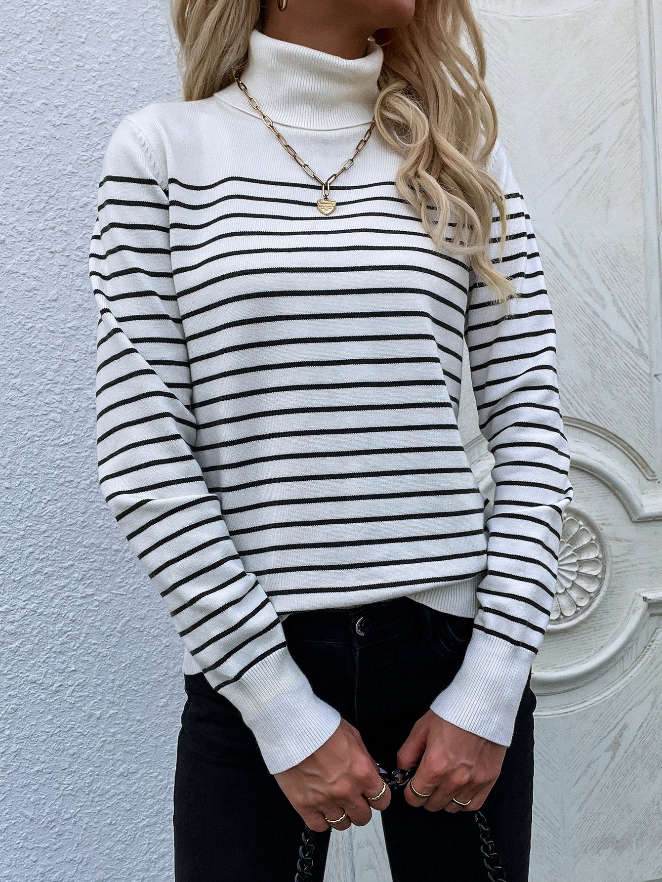 Calistally | Cream Stripe Turtleneck Knit Top