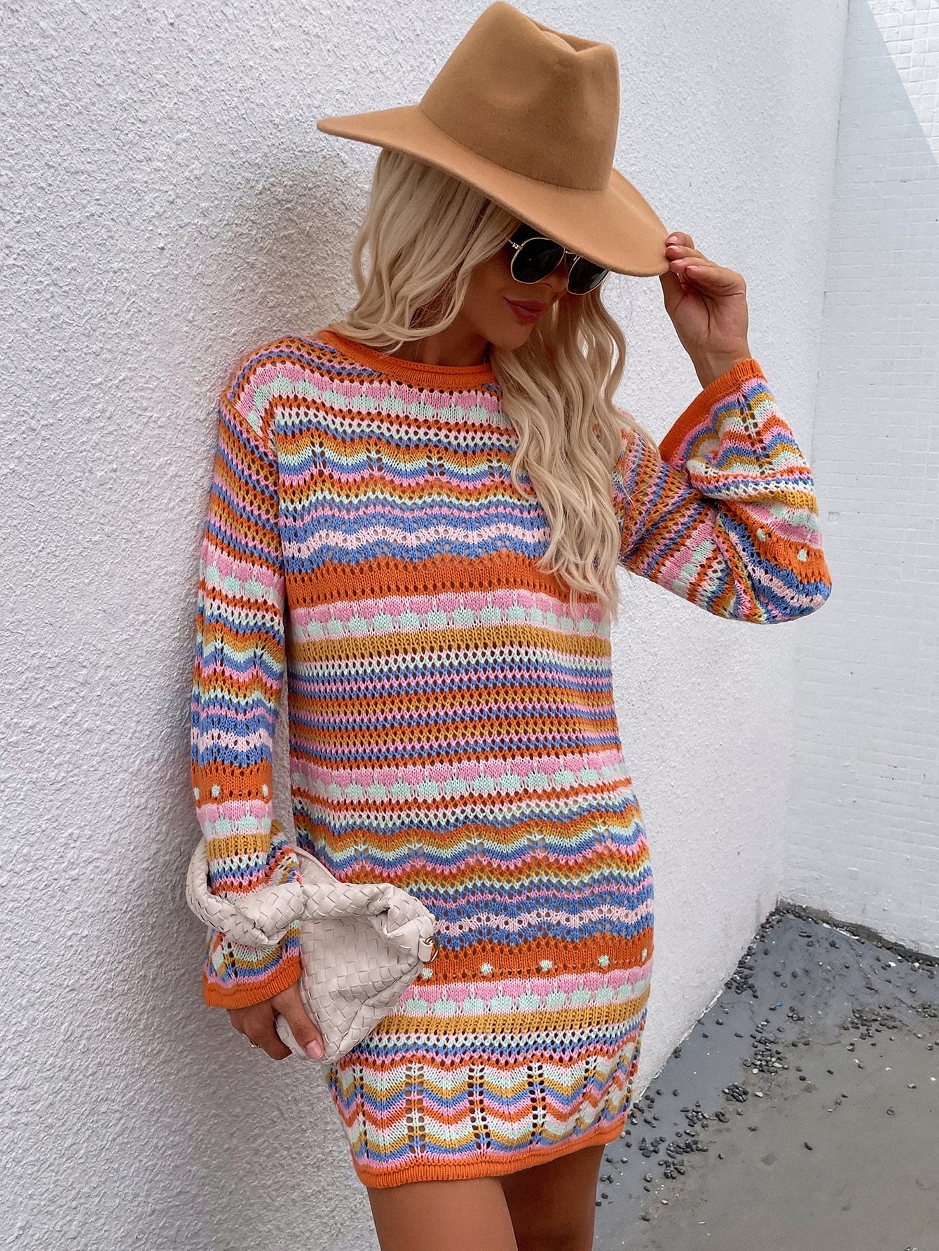 Calistally | Zig Zag Crochet Knit Dress - Orange