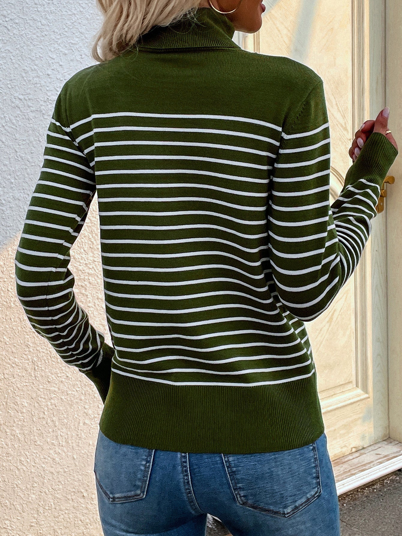 Calistally | Green Stripe Turtleneck Knit Top