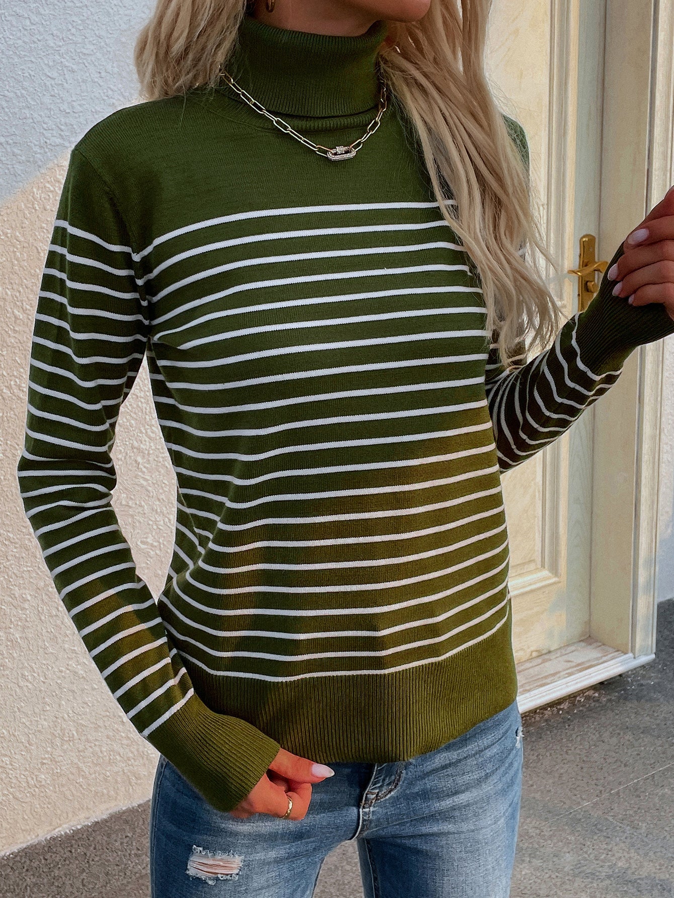 Calistally | Green Stripe Turtleneck Knit Top