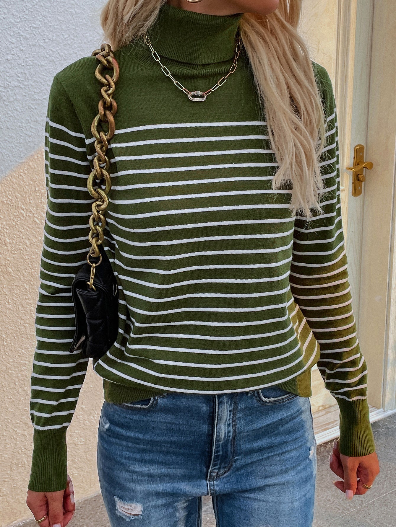 Calistally | Green Stripe Turtleneck Knit Top