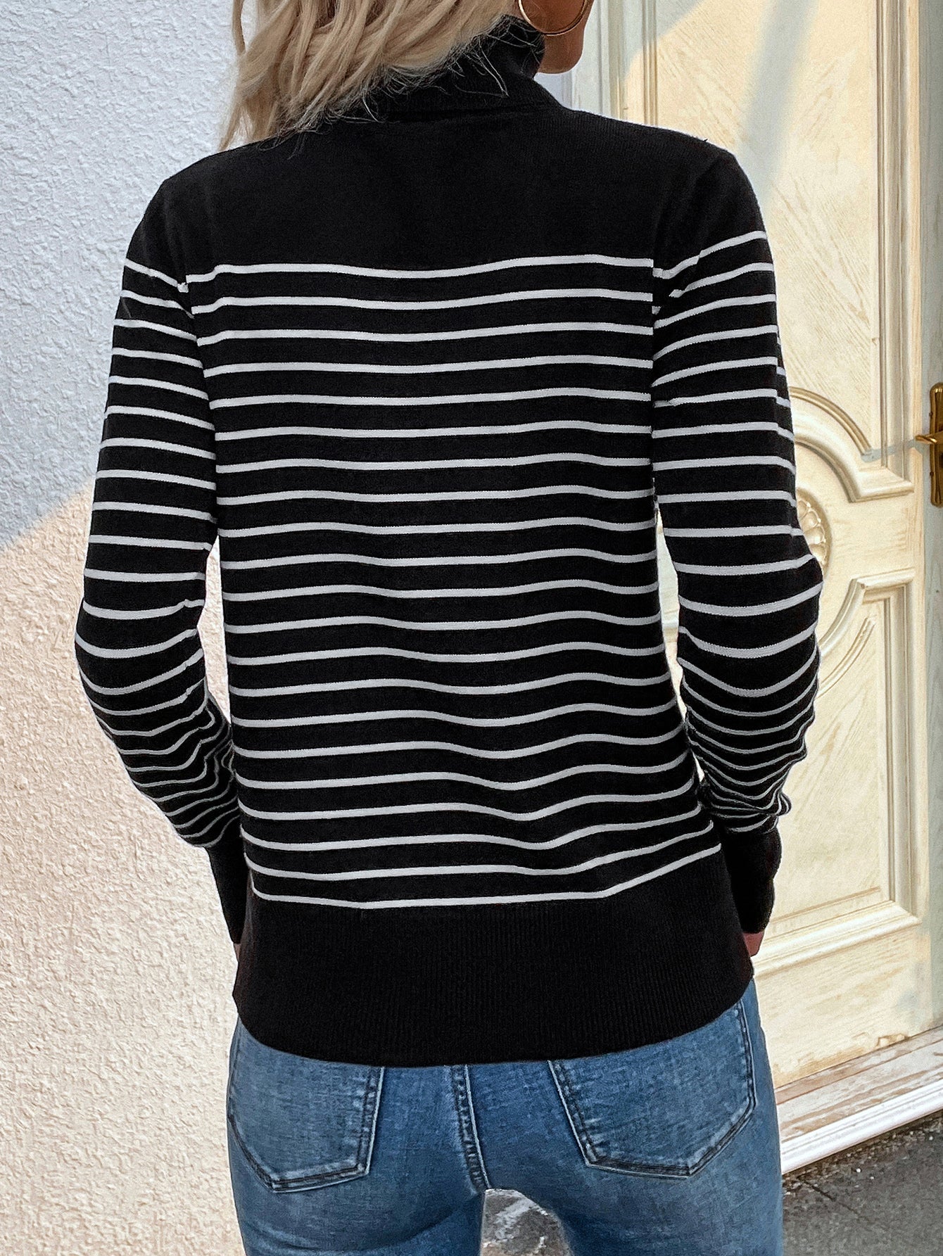 Calistally | Black Stripe Turtleneck Knit Top