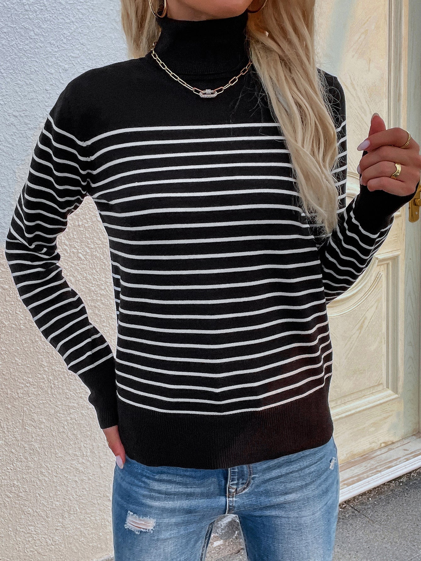 Calistally | Black Stripe Turtleneck Knit Top