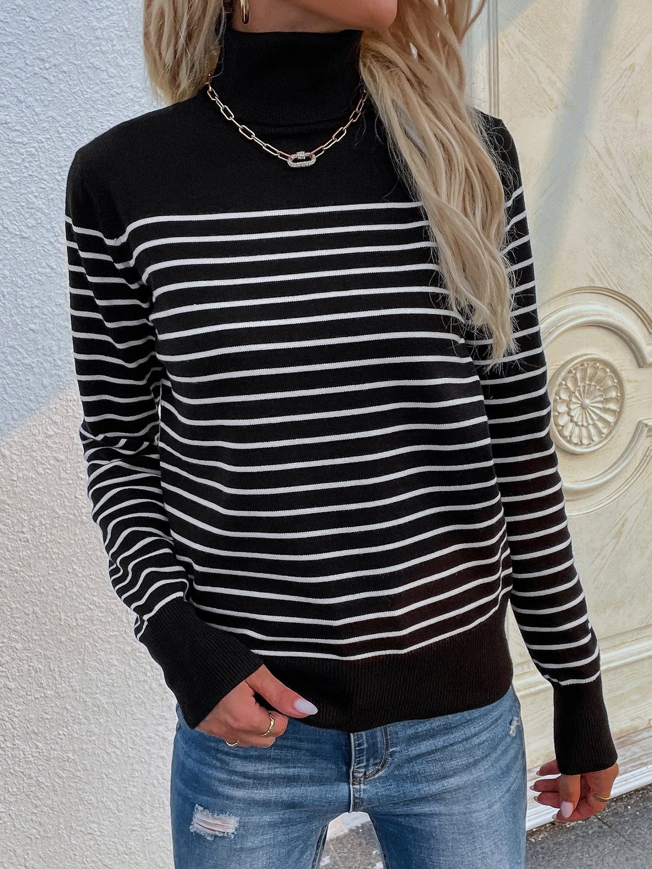 Calistally | Black Stripe Turtleneck Knit Top