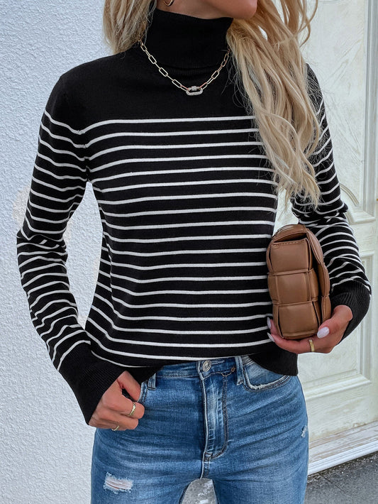 Calistally | Black Stripe Turtleneck Knit Top