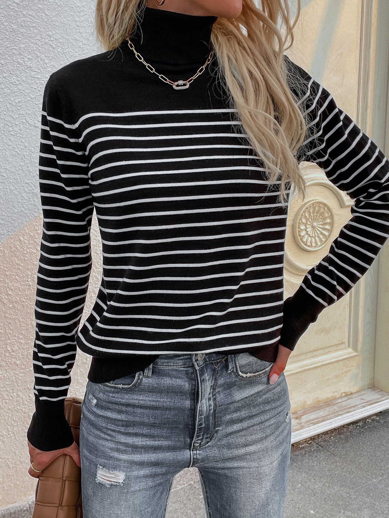 Calistally | Black Stripe Turtleneck Knit Top