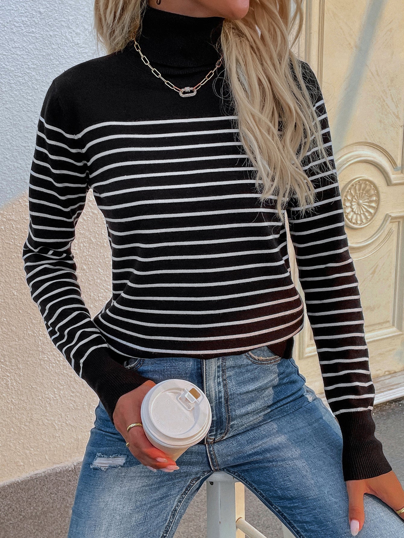 Calistally | Black Stripe Turtleneck Knit Top
