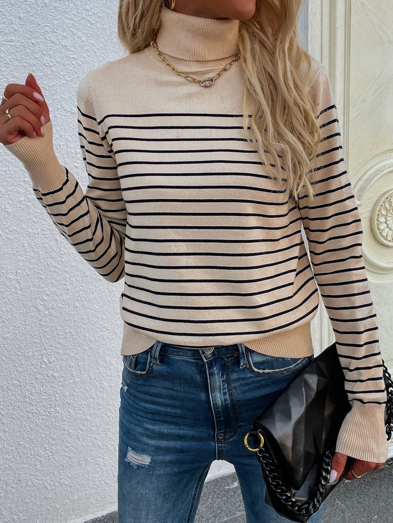 Calistally | Beige Stripe Turtleneck Knit Top