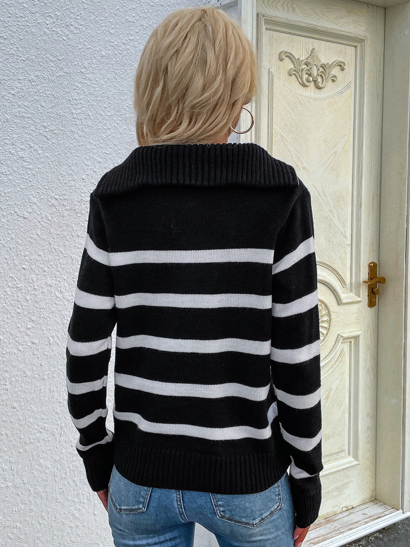Calistally | Black Stripe Quarter-Zip Knit Pullover