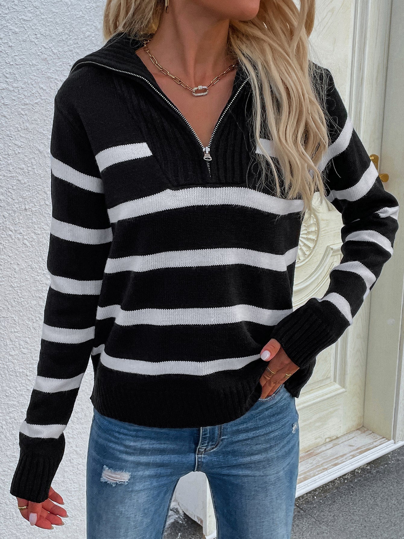 Calistally | Black Stripe Quarter-Zip Knit Pullover