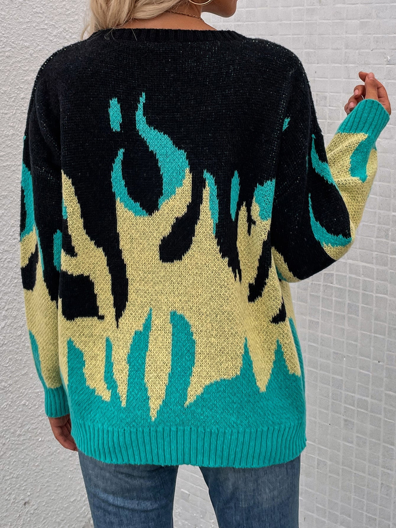 Calistally | Green Yellow Flame Black Knit Sweater
