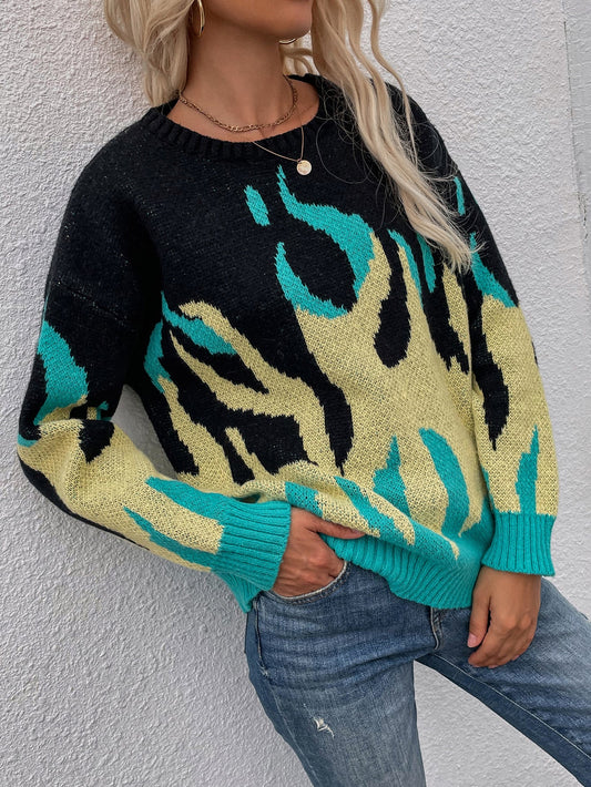 Calistally | Green Yellow Flame Black Knit Sweater