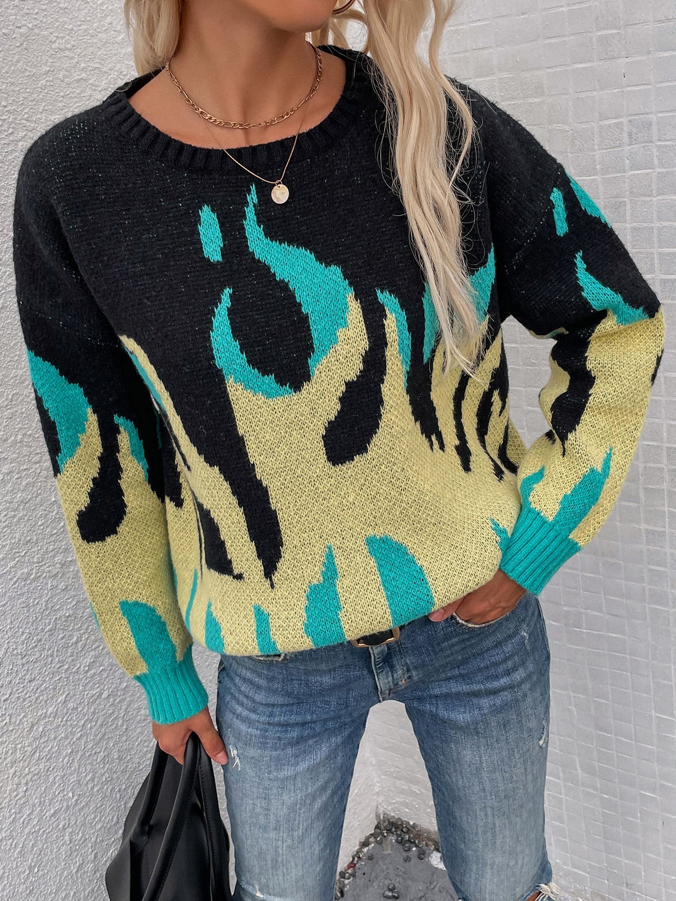 Calistally | Green Yellow Flame Black Knit Sweater