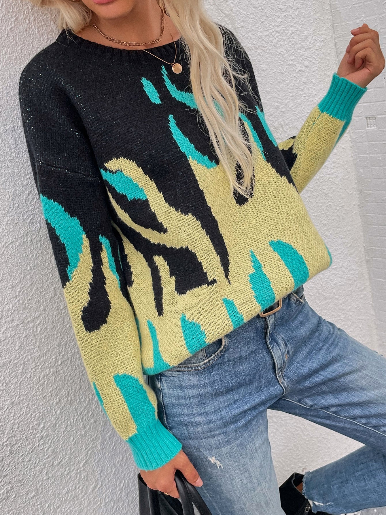 Calistally | Green Yellow Flame Black Knit Sweater