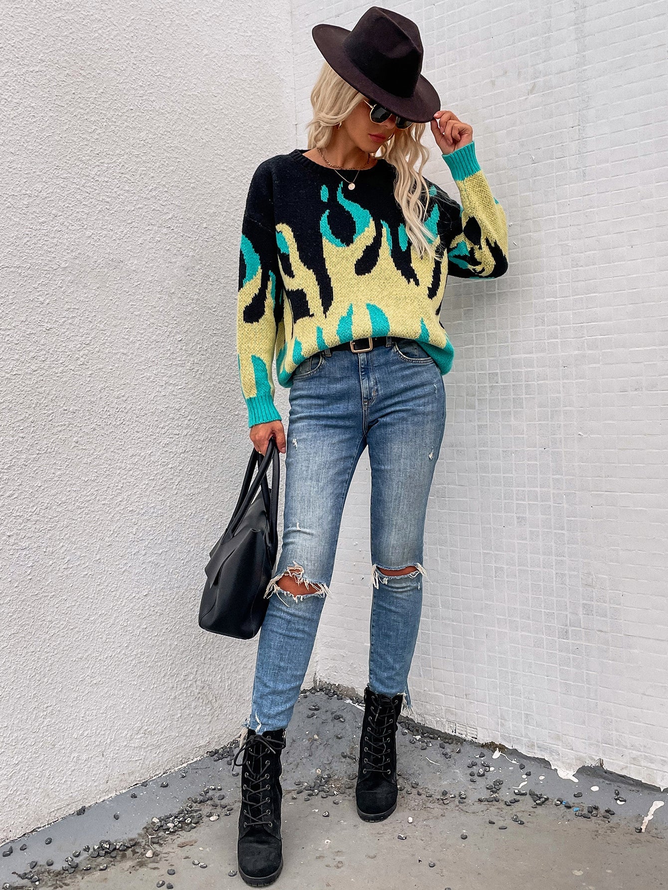 Calistally | Green Yellow Flame Black Knit Sweater