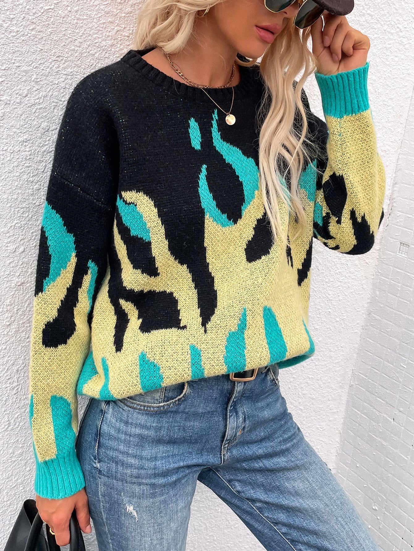 Calistally | Green Yellow Flame Black Knit Sweater
