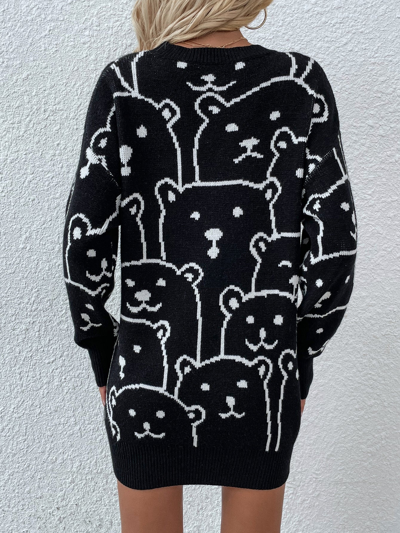Calistally | Smiley Polar Bear Black Knit Sweater Dress