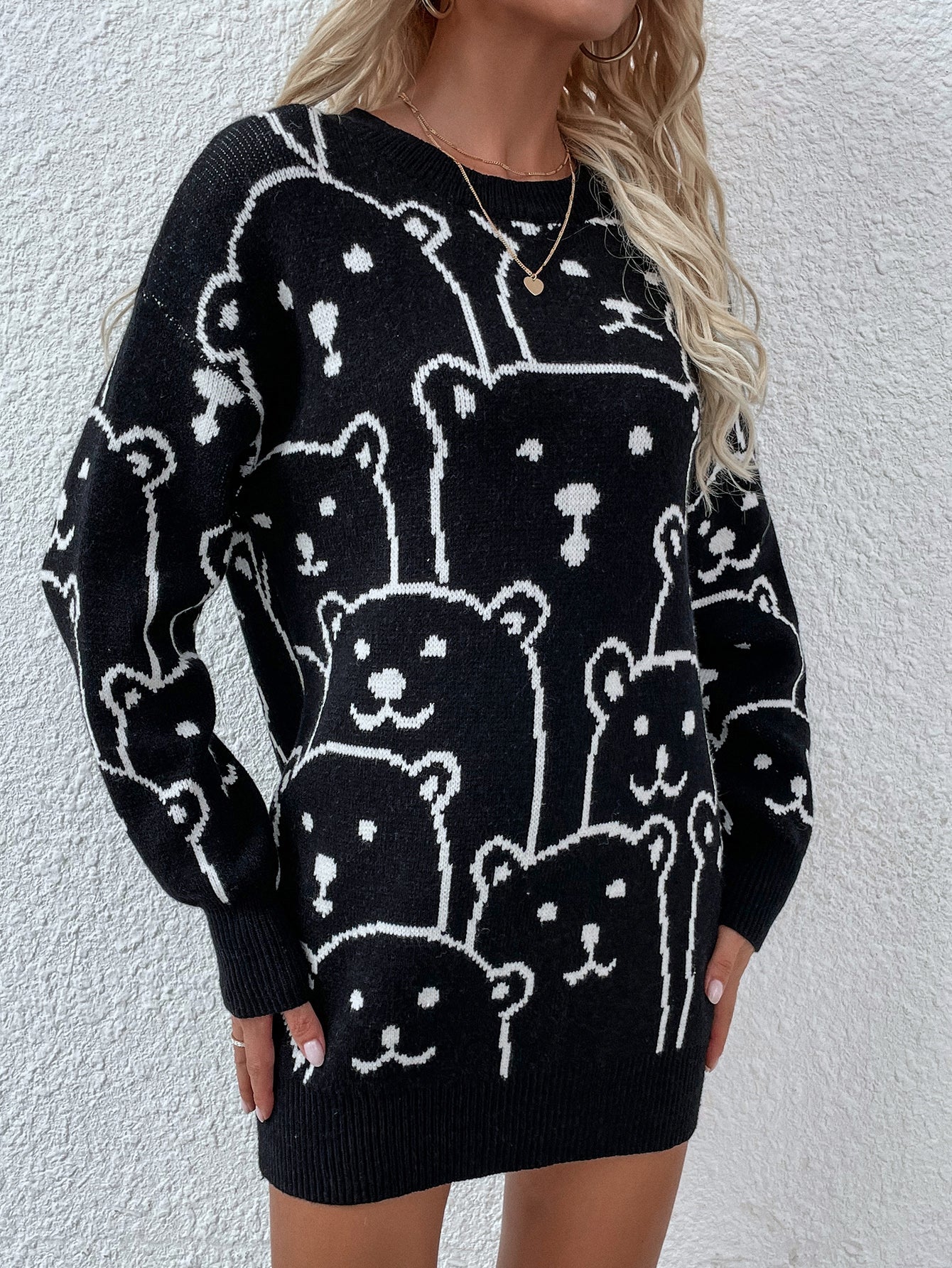 Calistally | Smiley Polar Bear Black Knit Sweater Dress