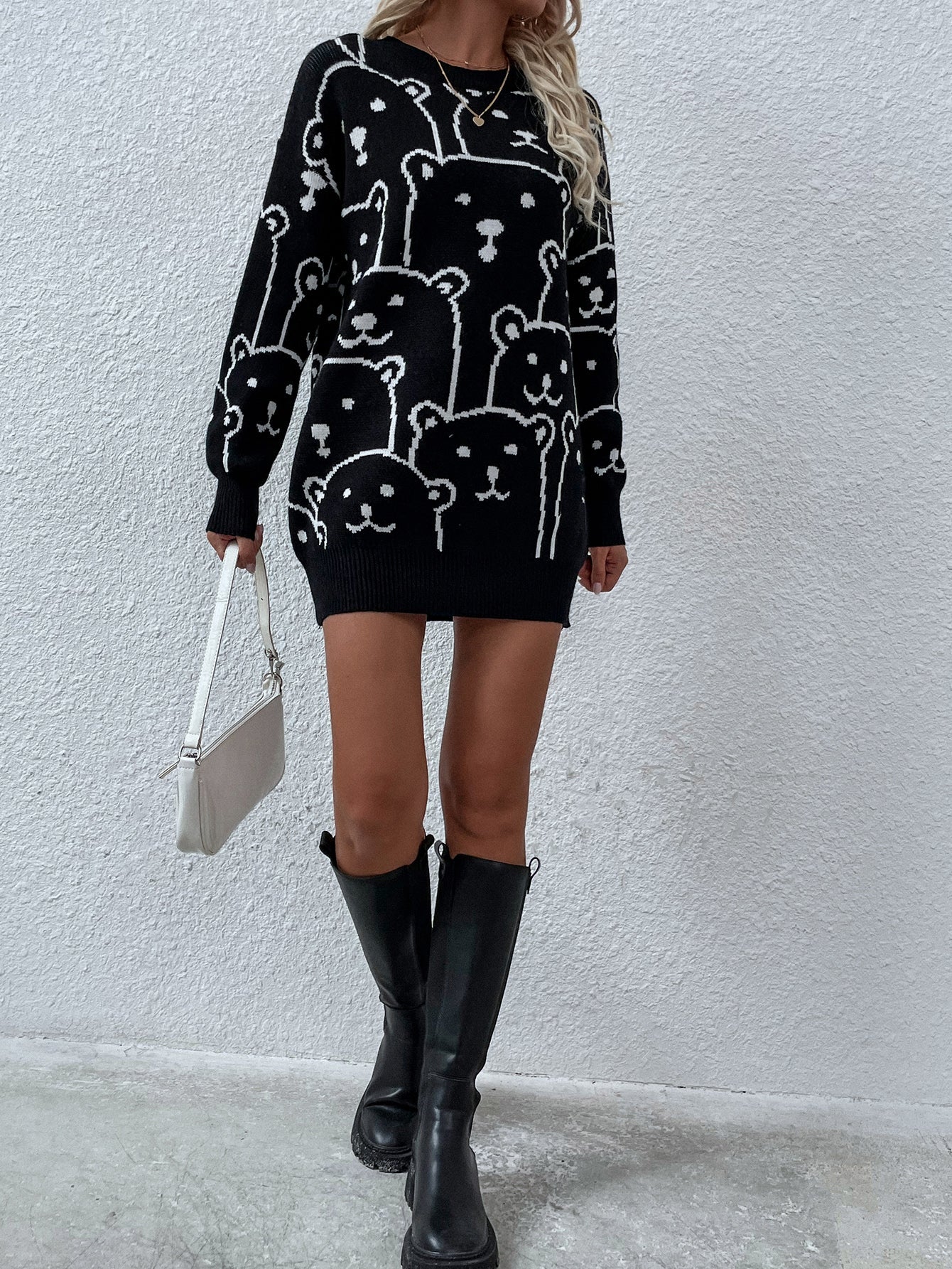 Calistally | Smiley Polar Bear Black Knit Sweater Dress