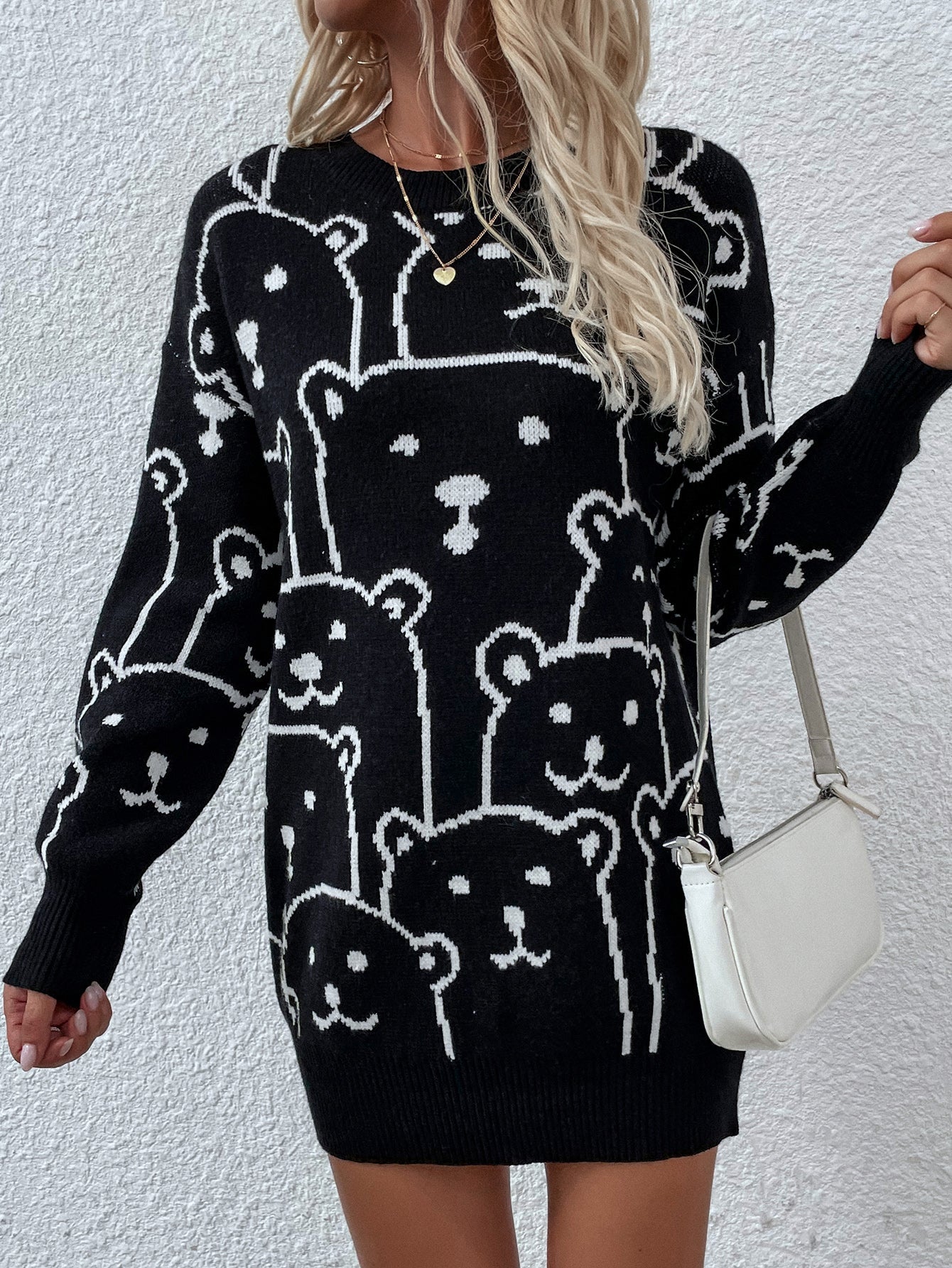 Calistally | Smiley Polar Bear Black Knit Sweater Dress