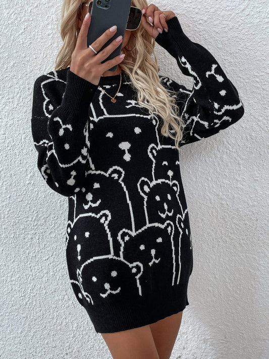 Calistally | Smiley Polar Bear Black Knit Sweater Dress