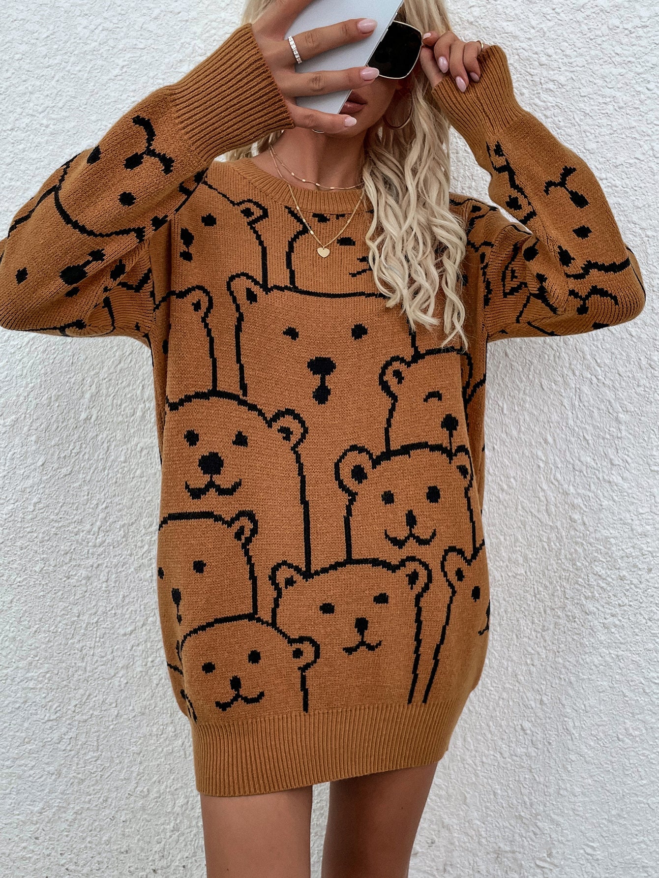 Calistally Doll | Smiley Polar Bear Brown Knit Sweater Dress