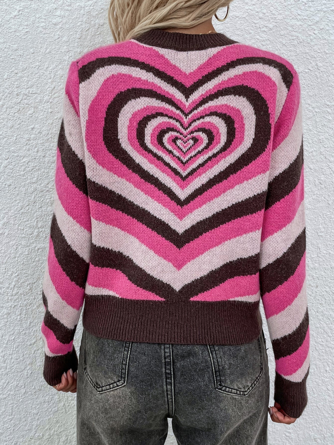 Calistally | Brown Pink Heart Ring Knit Top