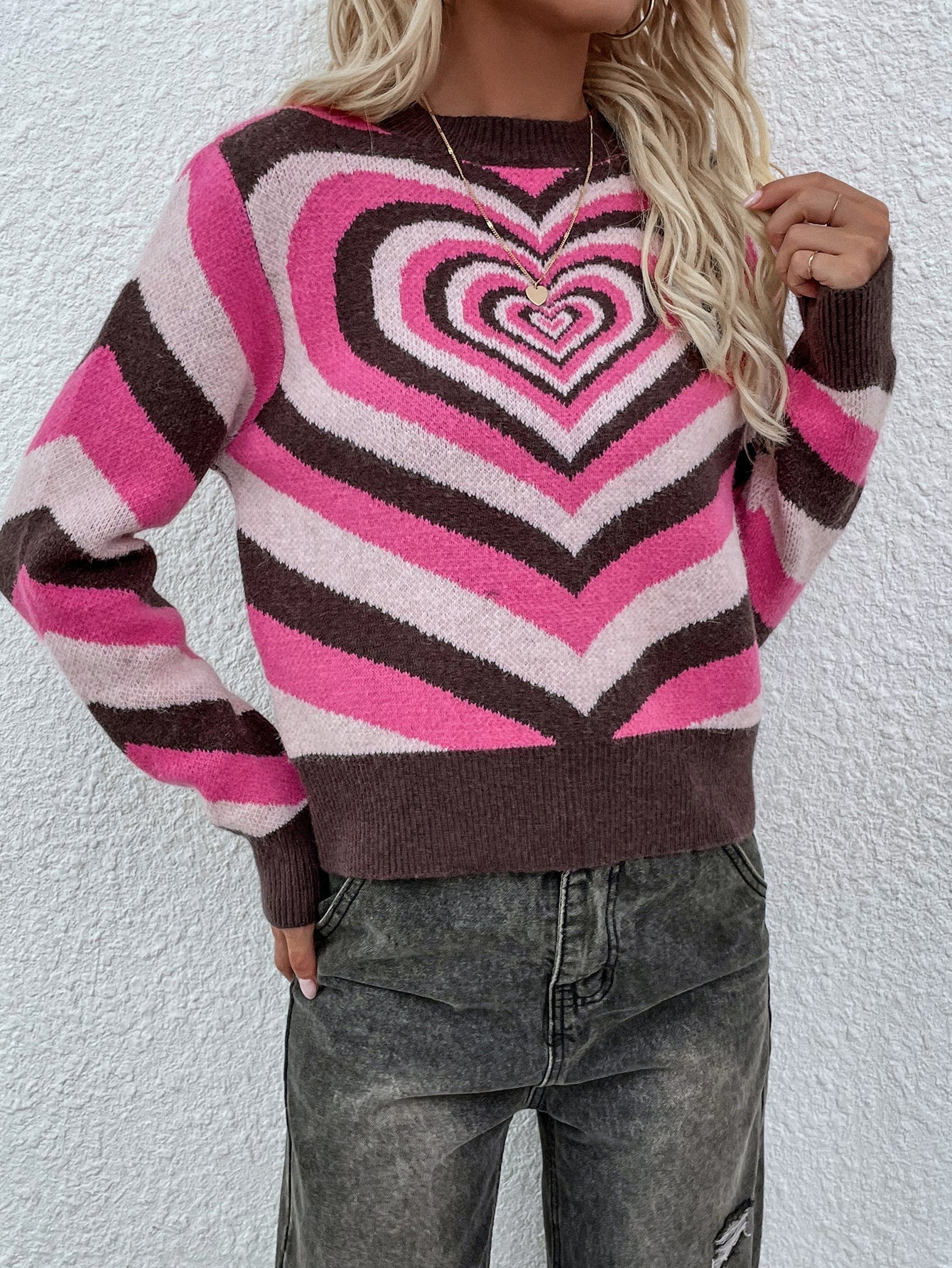 Calistally | Brown Pink Heart Ring Knit Top