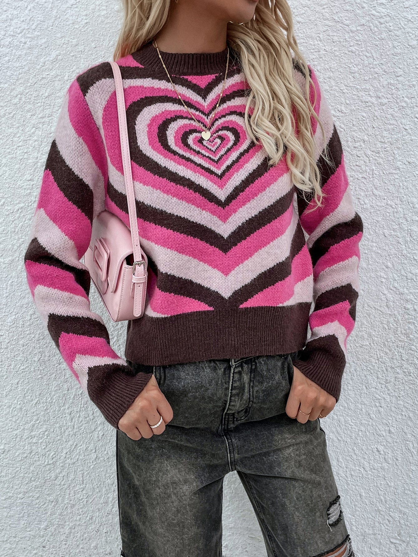 Calistally | Brown Pink Heart Ring Knit Top