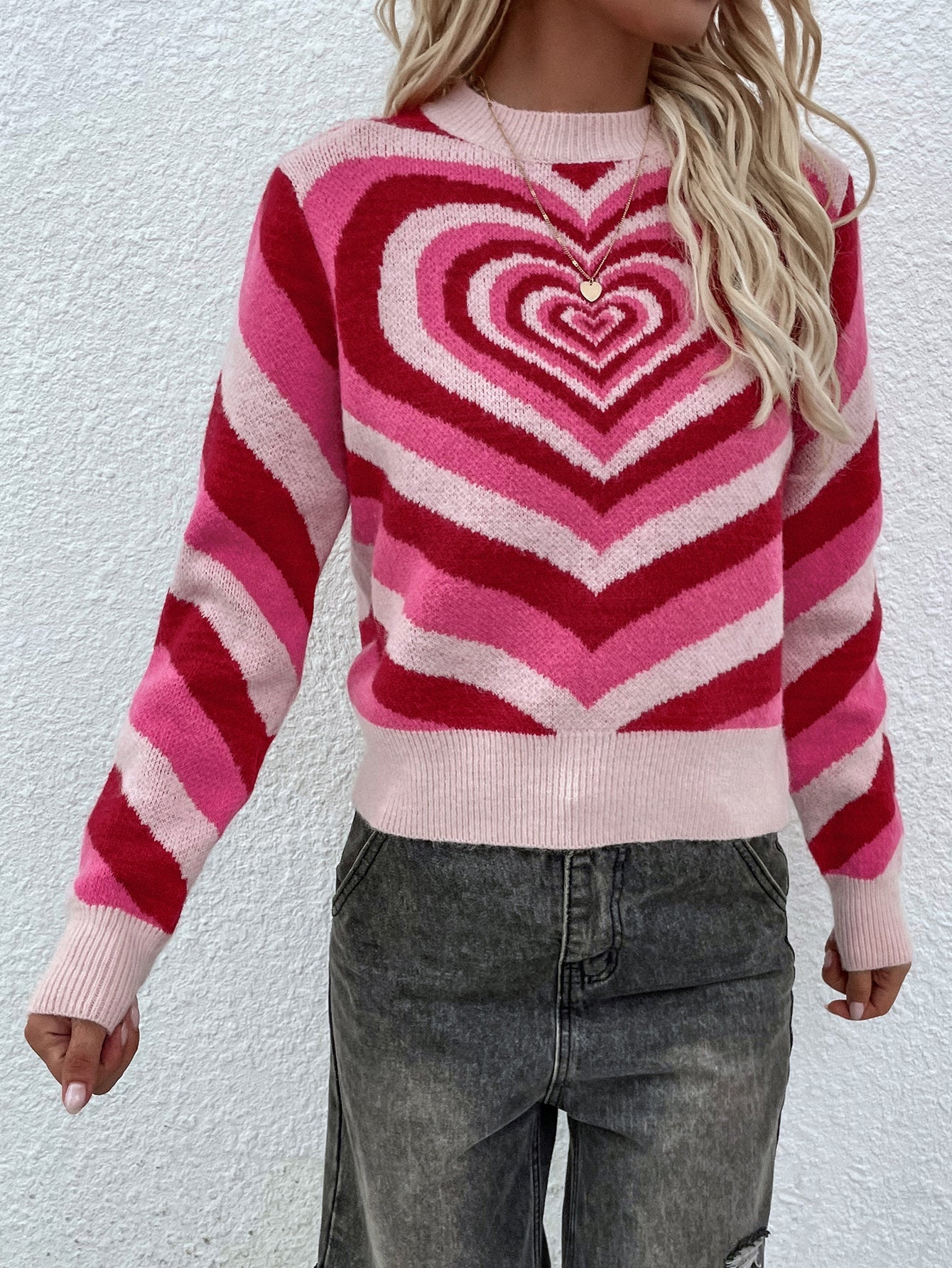 Calistally | Pink Red Heart Ring Knit Top