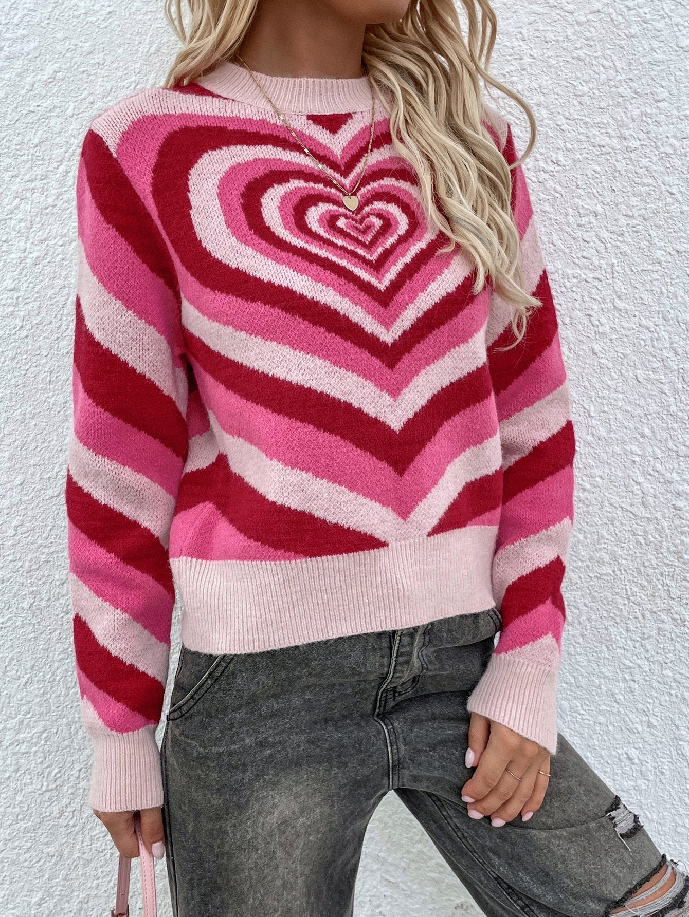 Calistally | Pink Red Heart Ring Knit Top