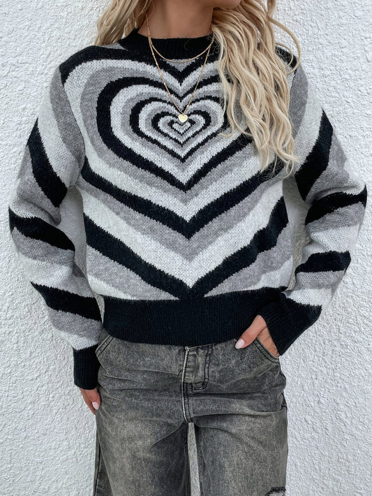 Calistally | Black Grey Heart Ring Knit Top