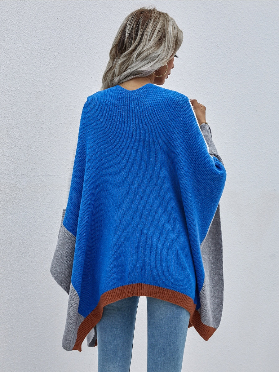 Calistally | Color Block Knit Ruana - Blue & Grey