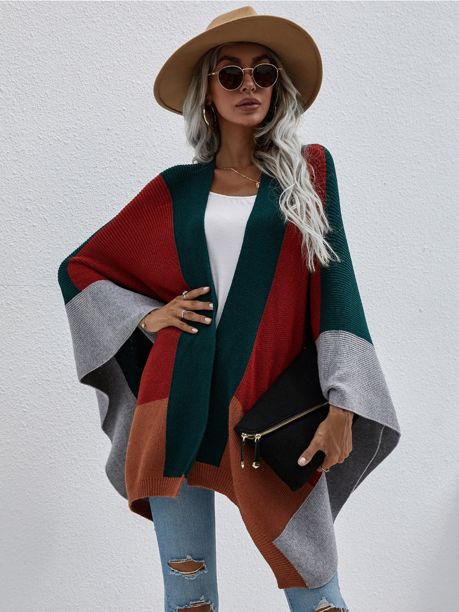 Calistally | Color Block Knit Ruana - Duck Green