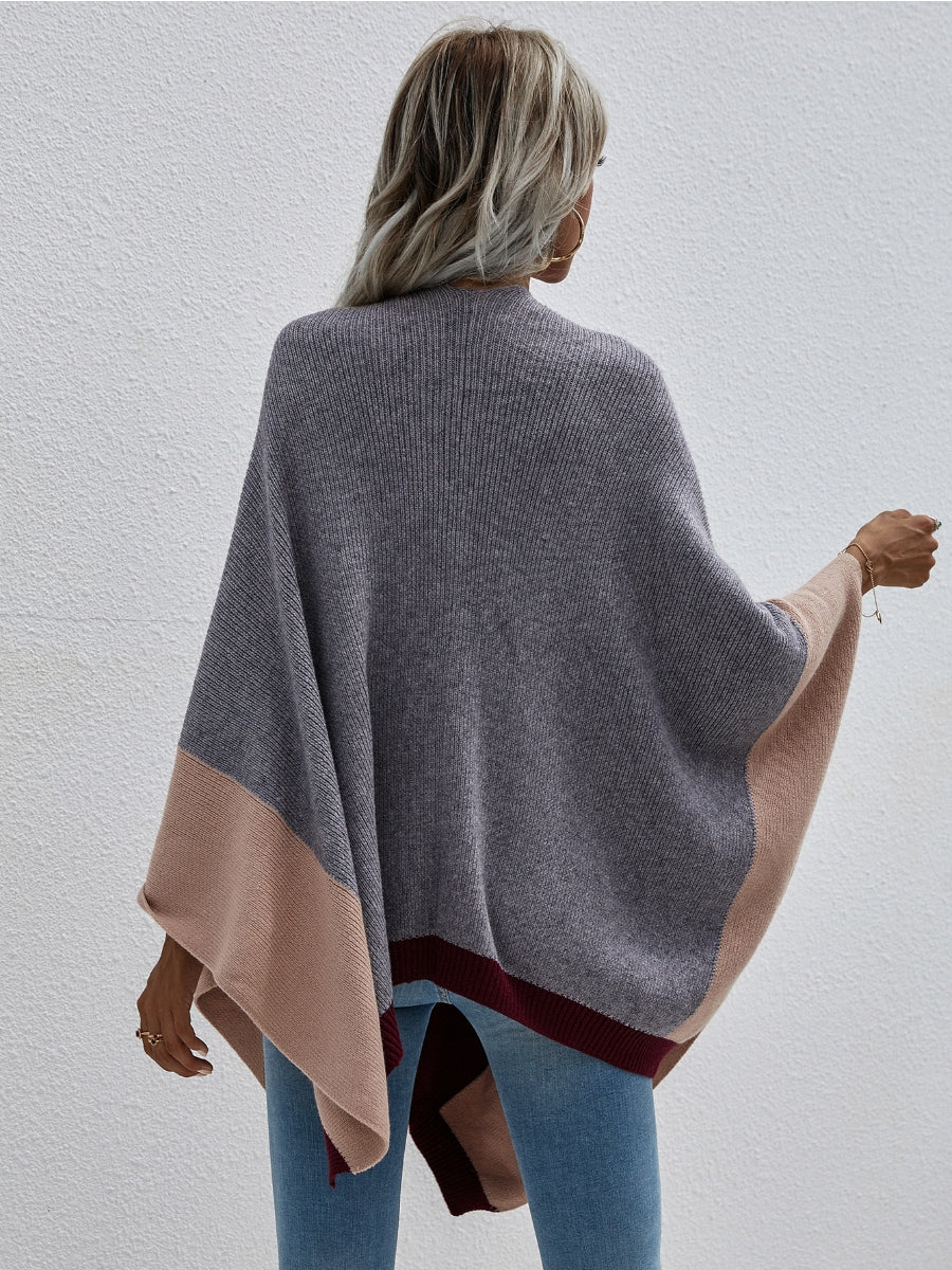 Calistally | Color Block Knit Ruana - Grey & Beige