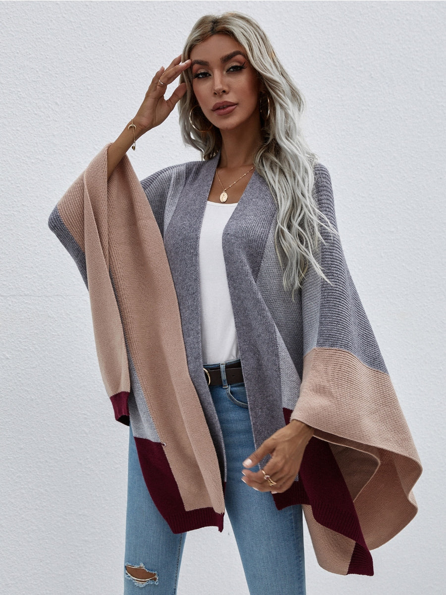 Calistally | Color Block Knit Ruana - Grey & Beige