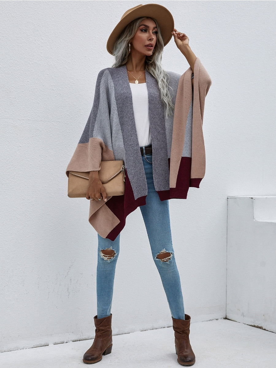 Calistally | Color Block Knit Ruana - Grey & Beige
