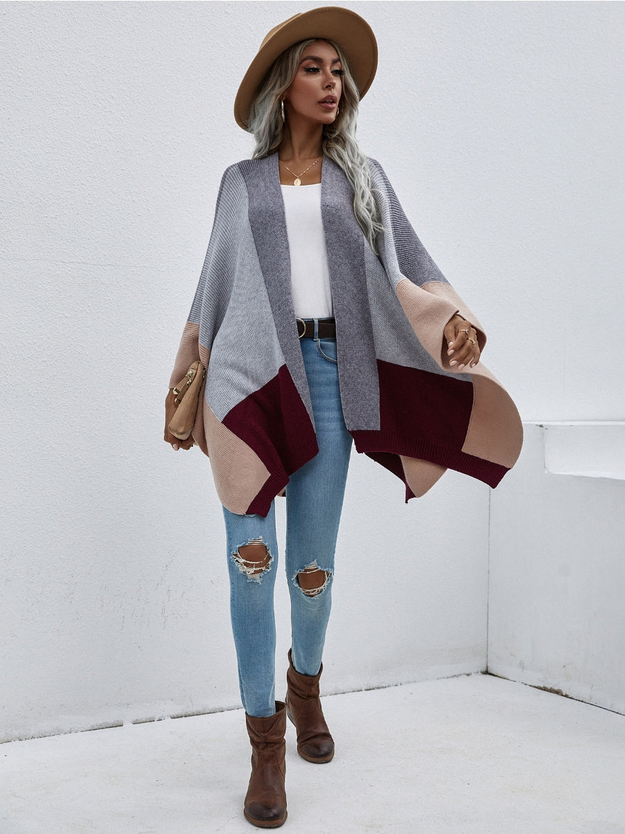 Calistally | Color Block Knit Ruana - Grey & Beige